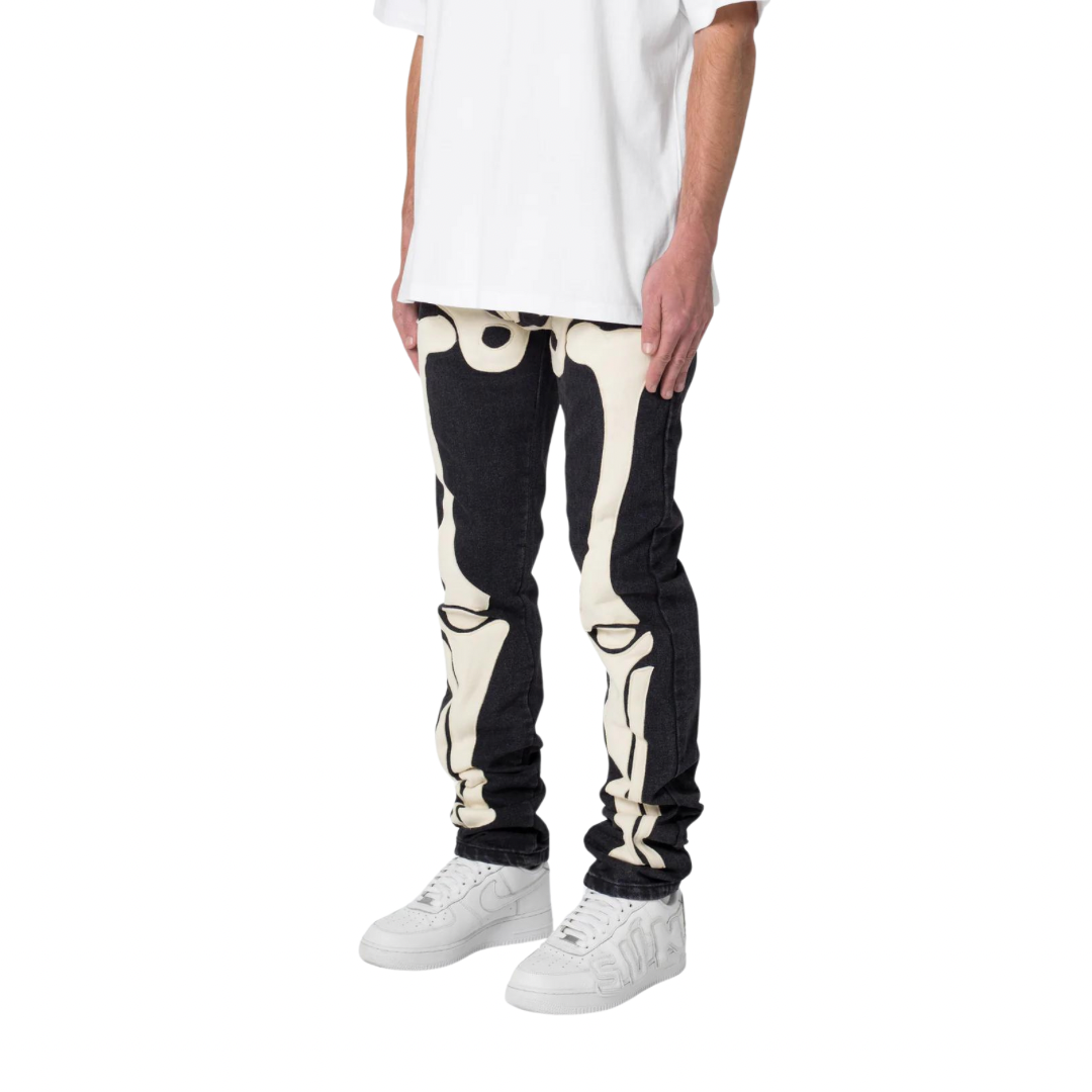 パンツ mnml skeleton straight denim pants 34 MNML 34x30 Skeleton Jean Black Stretch Denim Embroidered