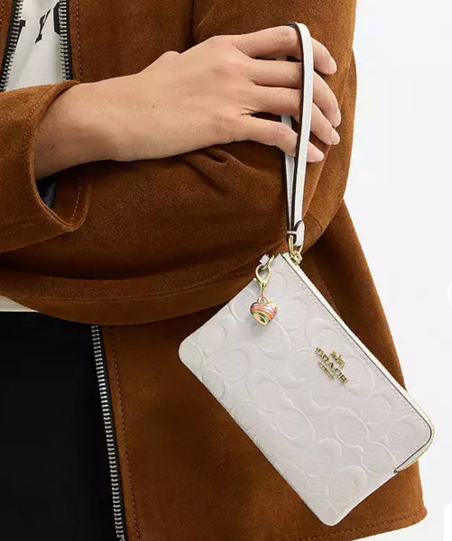 Coach Corner Zip Wristlet
In Signature Leather With Heart Charm In Chalk Gold