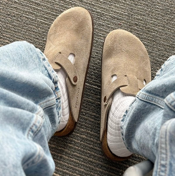 Birkenstock Boston Suede Leather Soft Footbed in Taupe