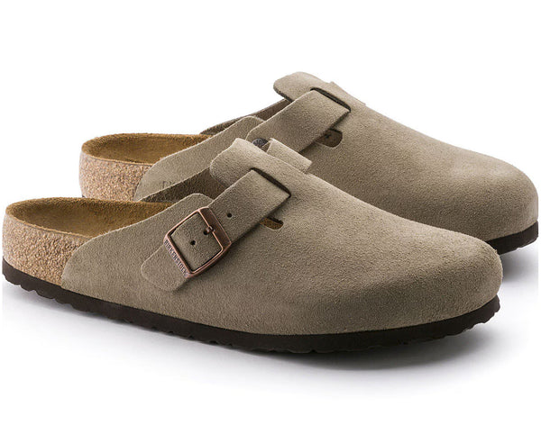Birkenstock Boston Suede Leather Soft Footbed in Taupe