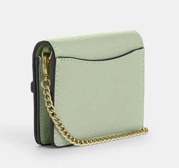 Coach Mini Wallet On A Chain With Floral Applique Pebbled Leather-Im-Light Pistachio