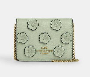 Coach Mini Wallet On A Chain With Floral Applique Pebbled Leather-Im-Light Pistachio