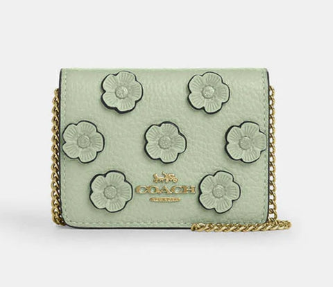 Coach Mini Wallet On A Chain With Floral Applique Pebbled Leather-Im-Light Pistachio